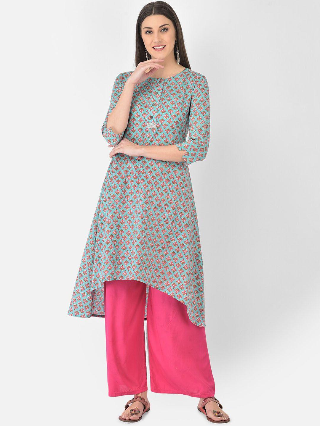 span women turquoise blue ethnic motifs printed kurta