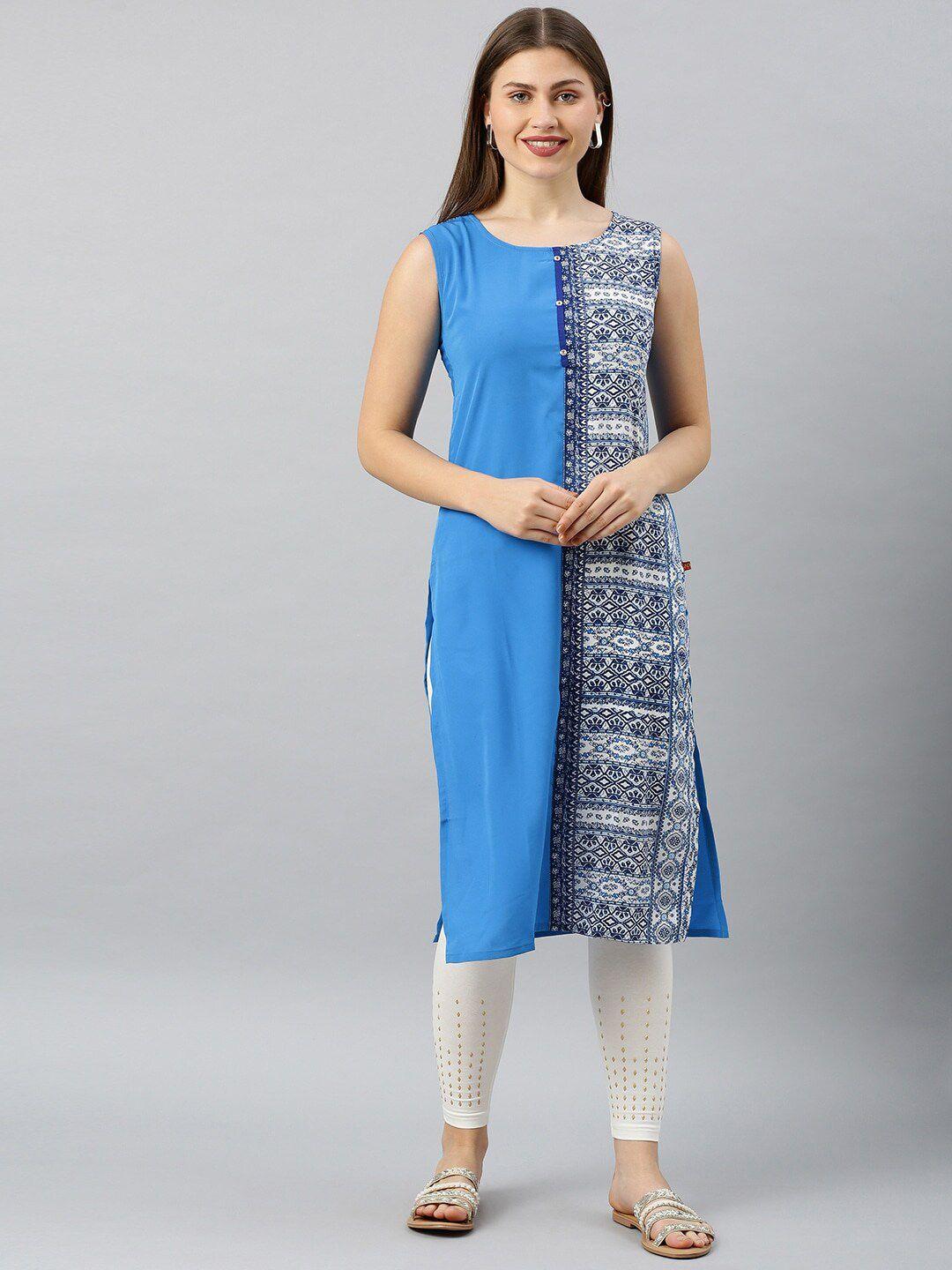 span women turquoise blue geometric printed thread work crepe kurta