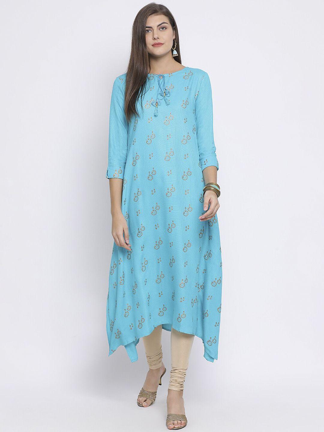 span women turquoise blue printed a-line kurta