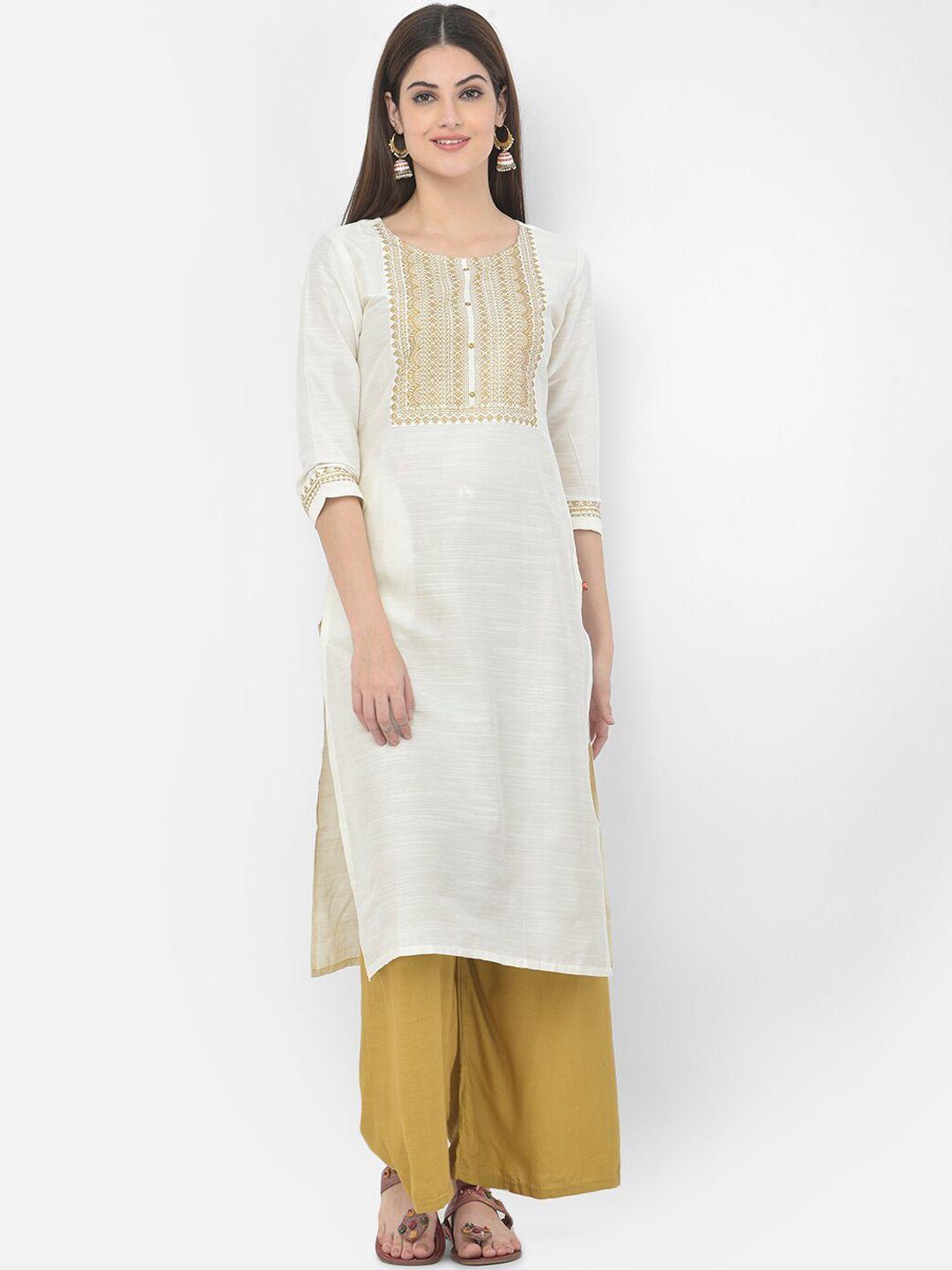 span women white embroidered straight kurta