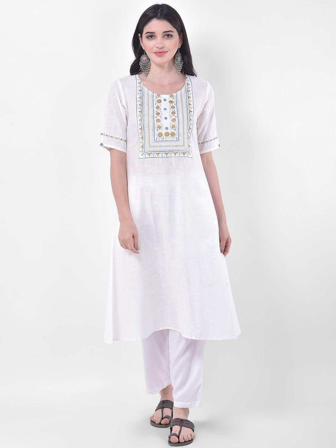 span women white embroidered thread work kurta