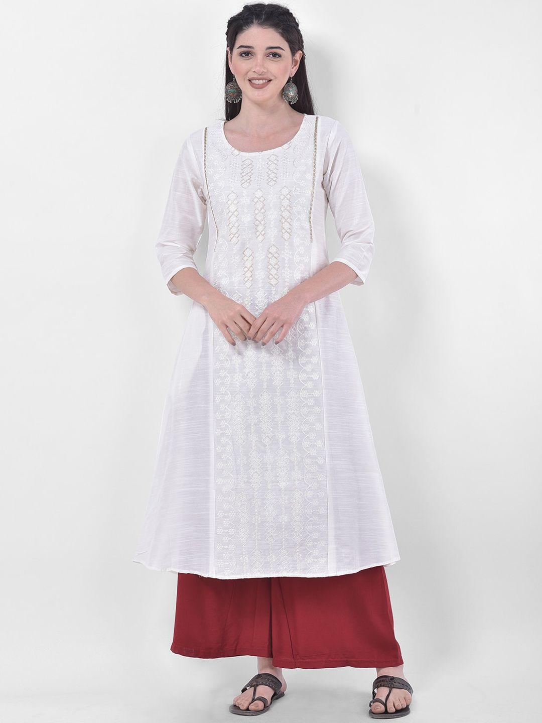 span women white ethnic motifs embroidered thread work kurta