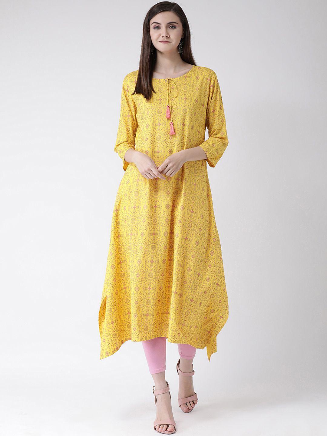 span women yellow & pink printed a-line kurta