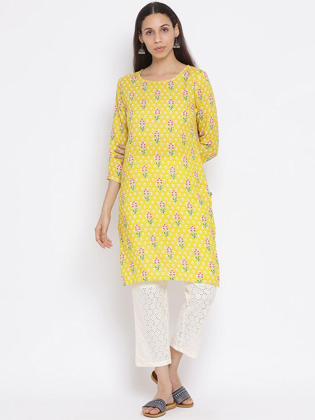 span women yellow & white cotton printed kurta with trousers