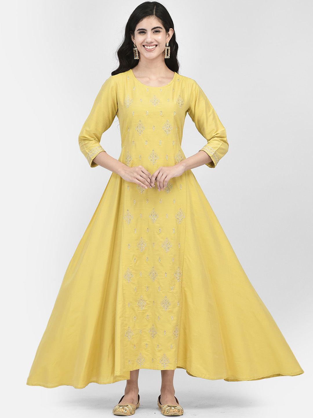 span women yellow embroidered sequinned anarkali kurta