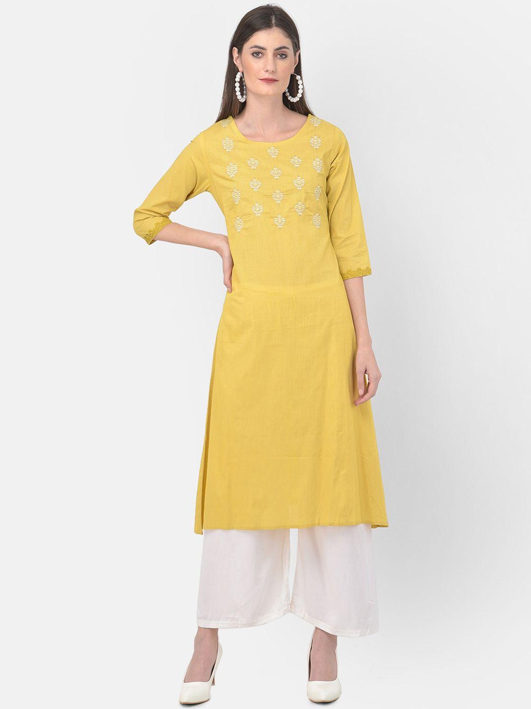 span women yellow embroidered thread work kurta