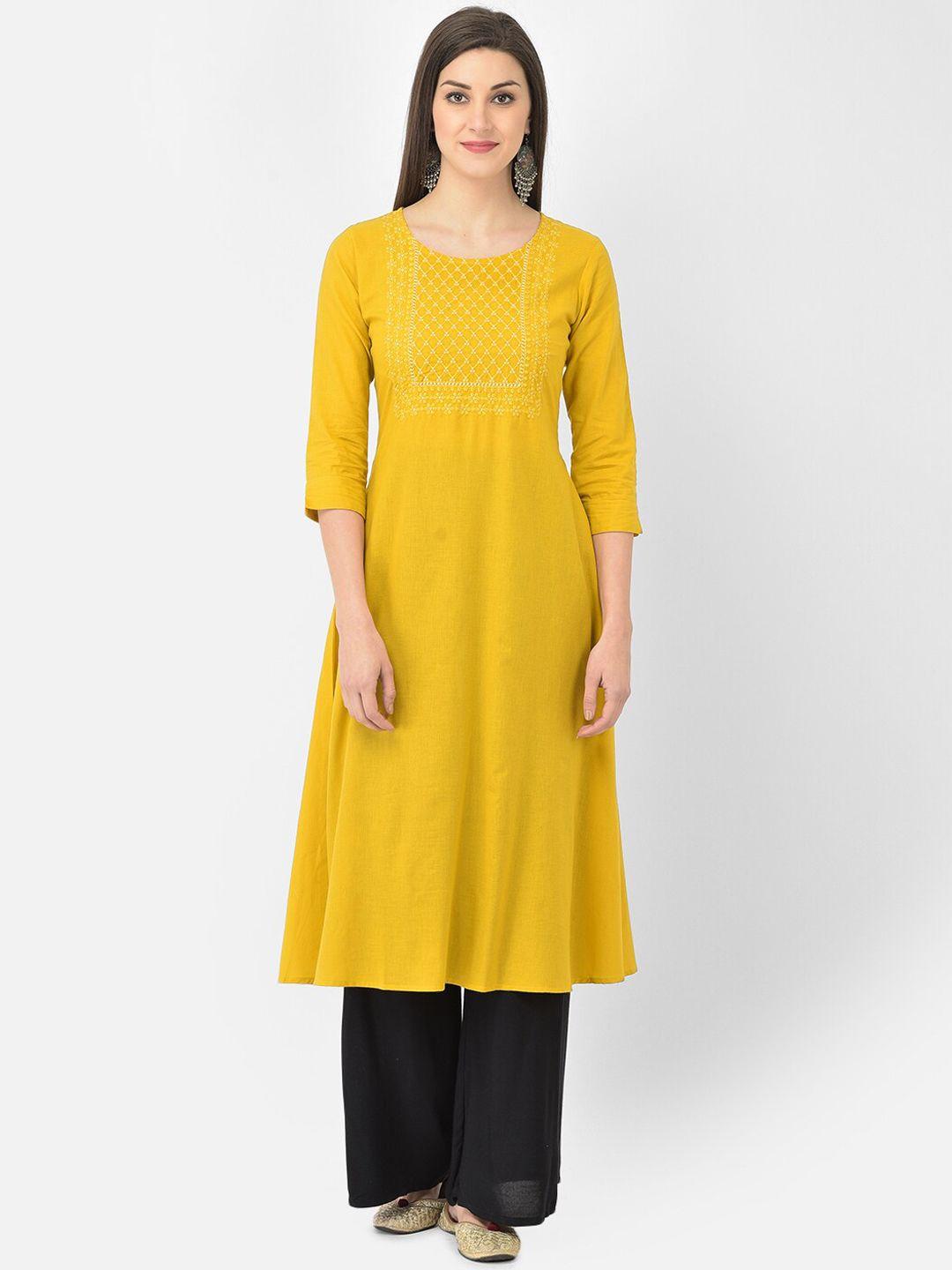 span women yellow embroidered thread work kurta