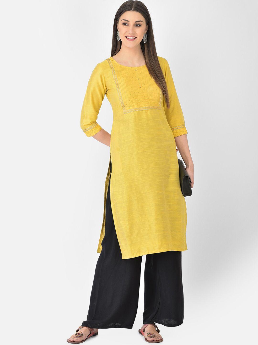 span women yellow embroidered thread work kurta