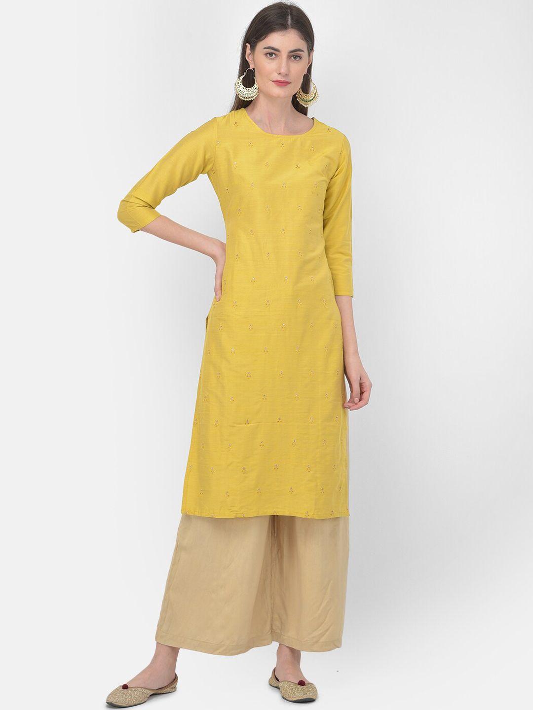 span women yellow ethnic motifs embroidered kurta