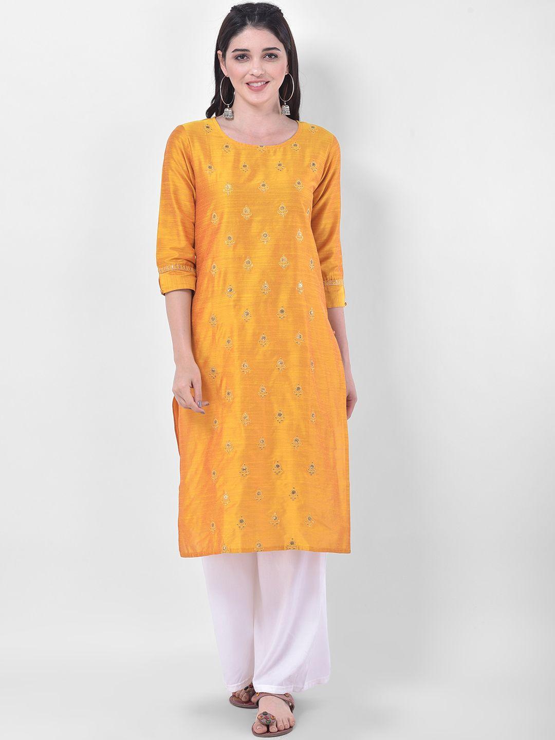 span women yellow ethnic motifs embroidered kurta