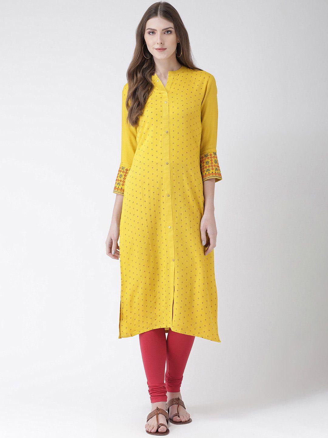 span women yellow ethnic motifs embroidered work kurta