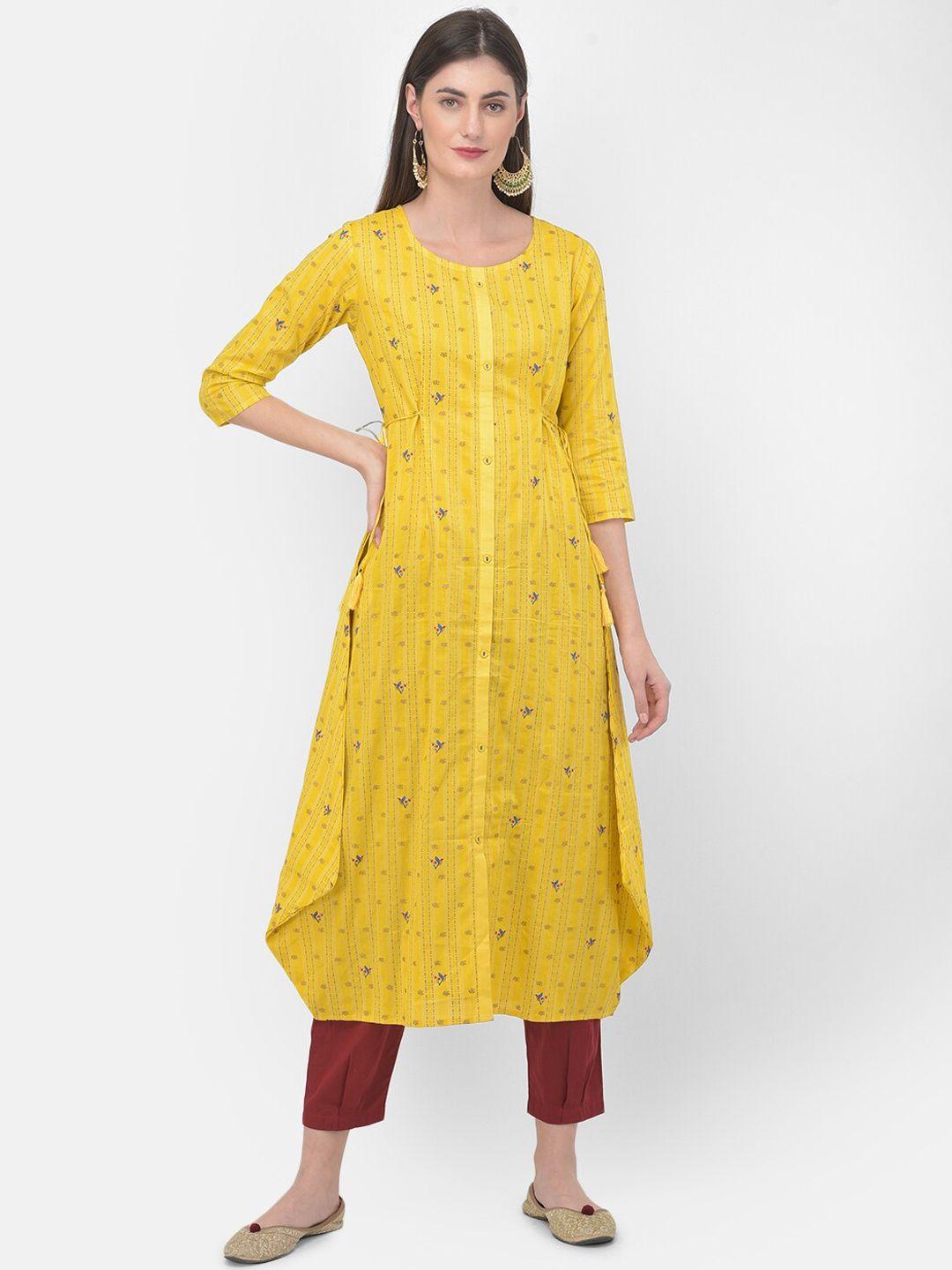 span women yellow ethnic motifs printed thread work kurta