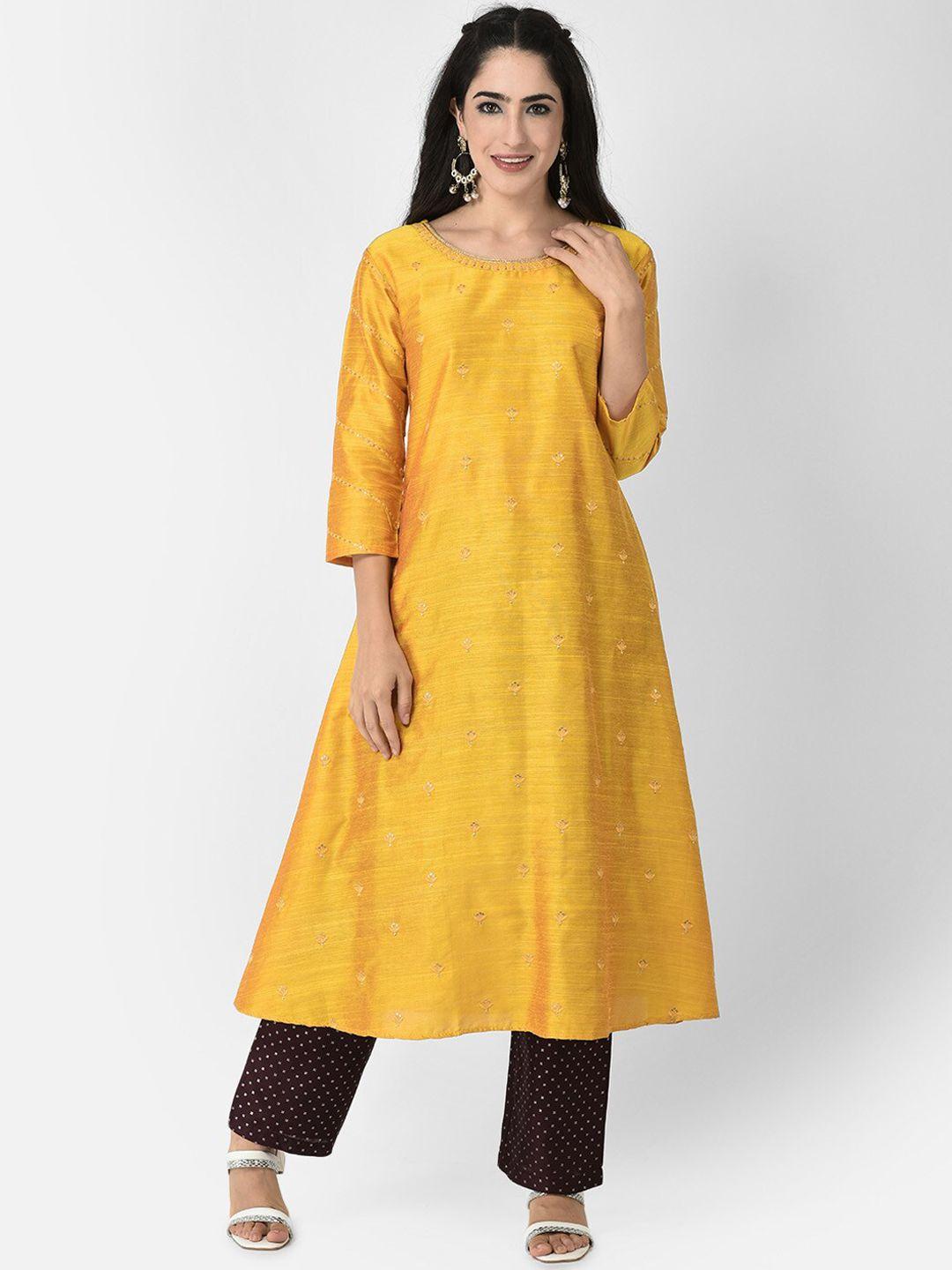 span women yellow ethnic motifs printed thread work kurta