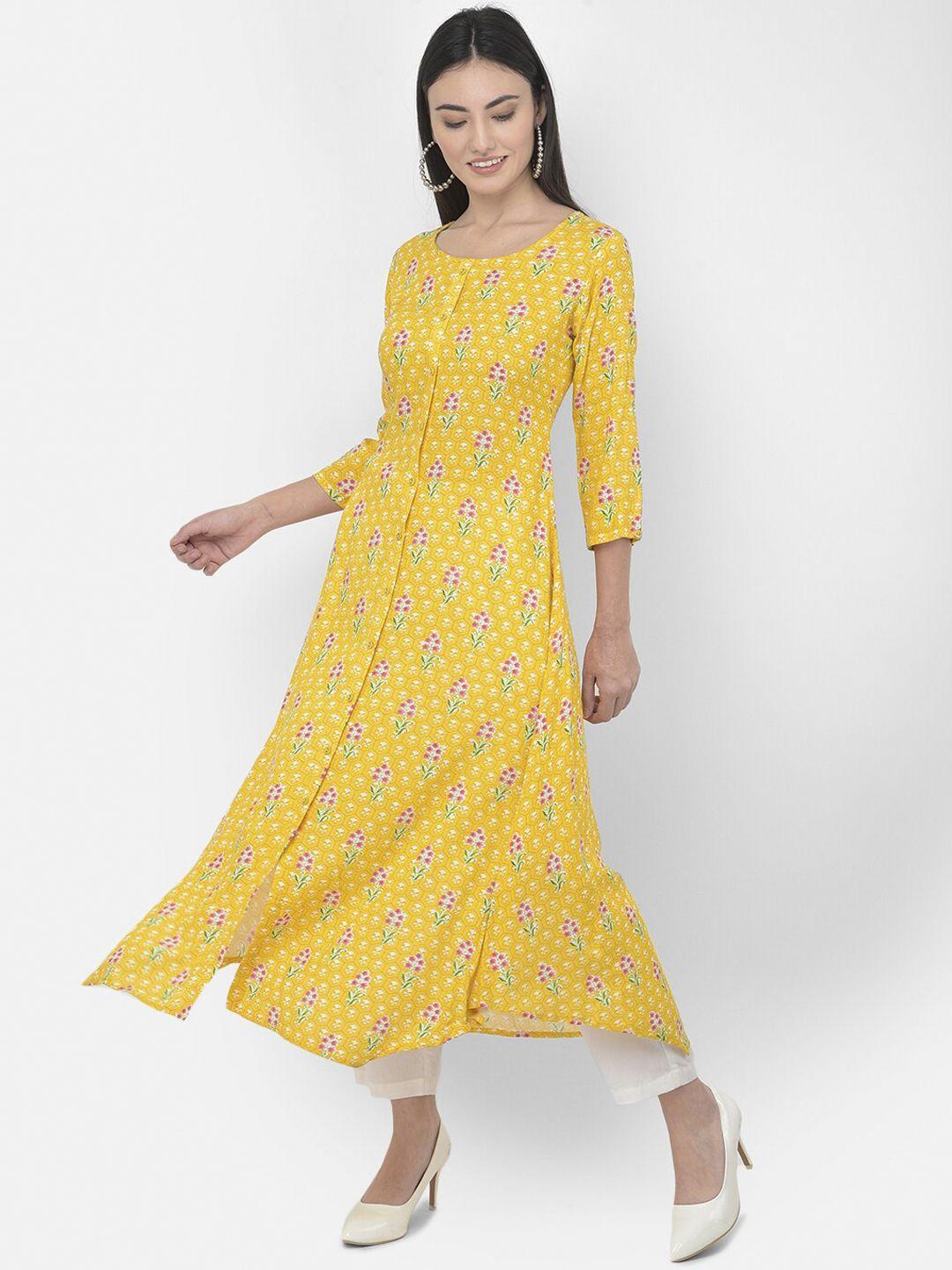 span women yellow floral printed pure cotton kurta