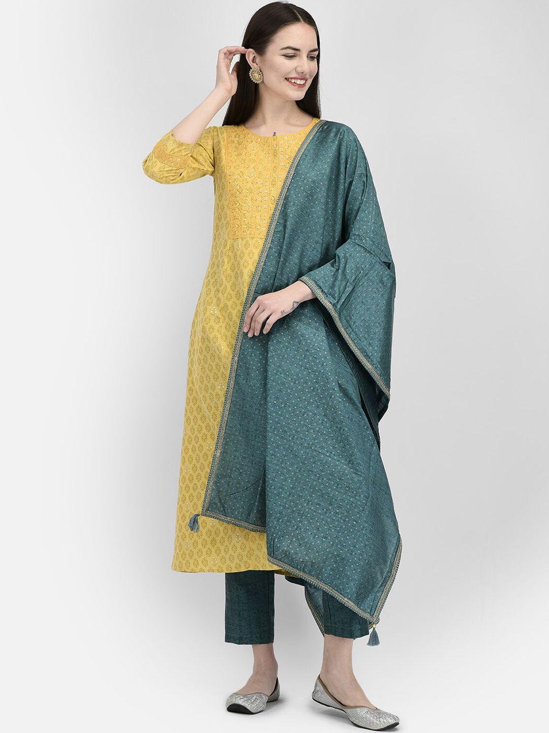 span women yellow geometric printed sequinned kurta