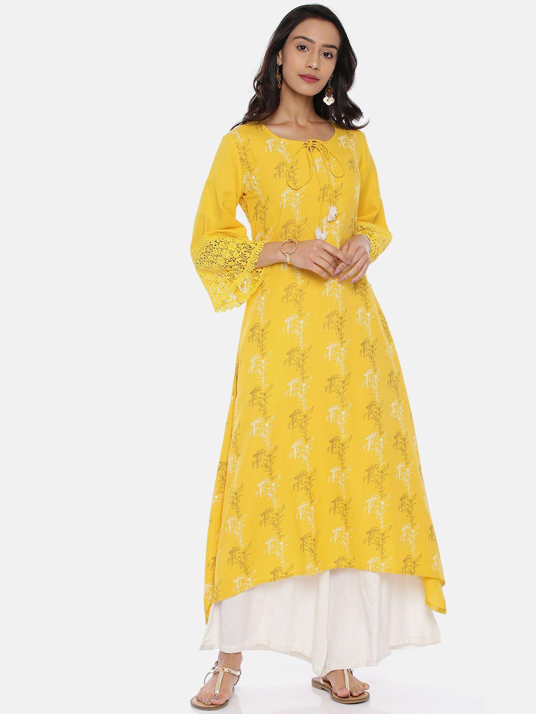 span women yellow printed asymmetrical hem a-line kurta