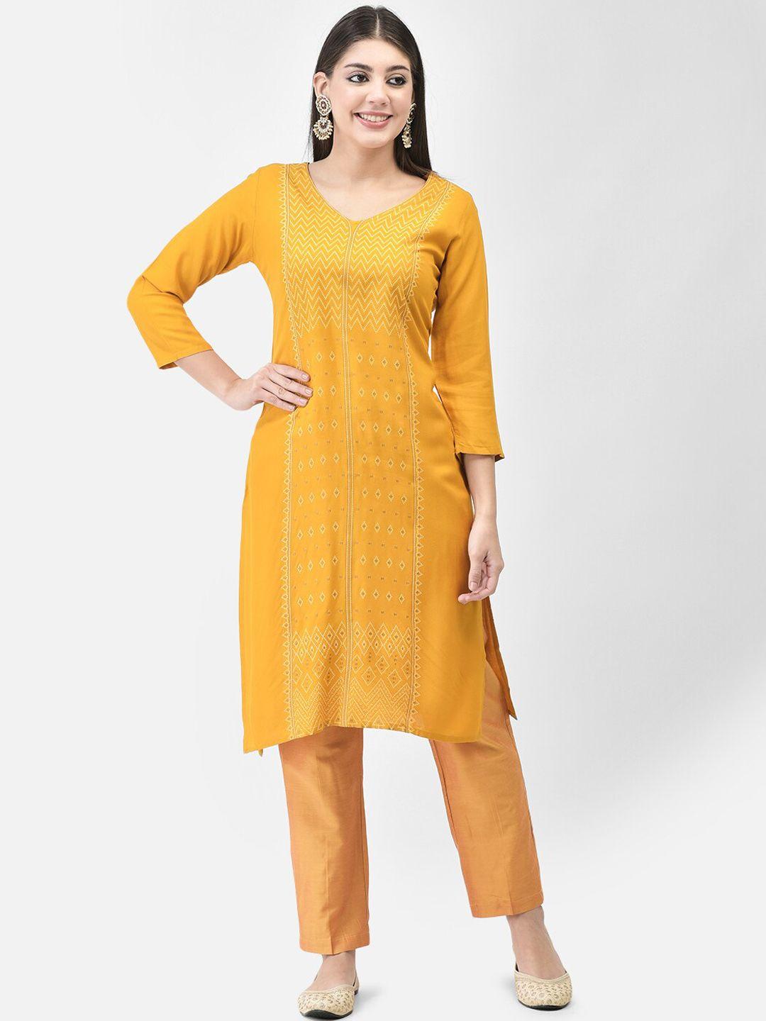 span women yellow printed regular kurta with trousers