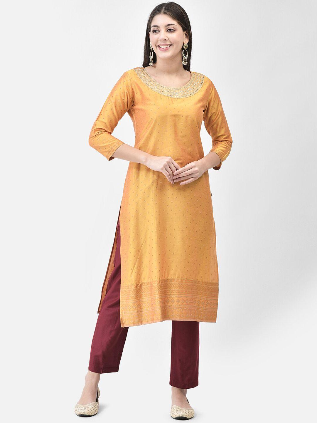span women yellow printed regular kurta with trousers