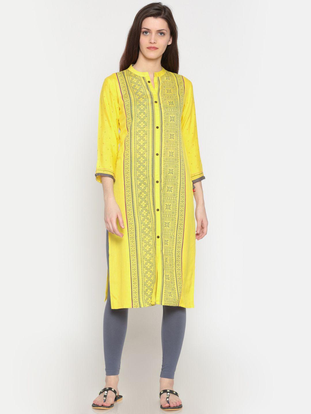 span women yellow printed straight kurta