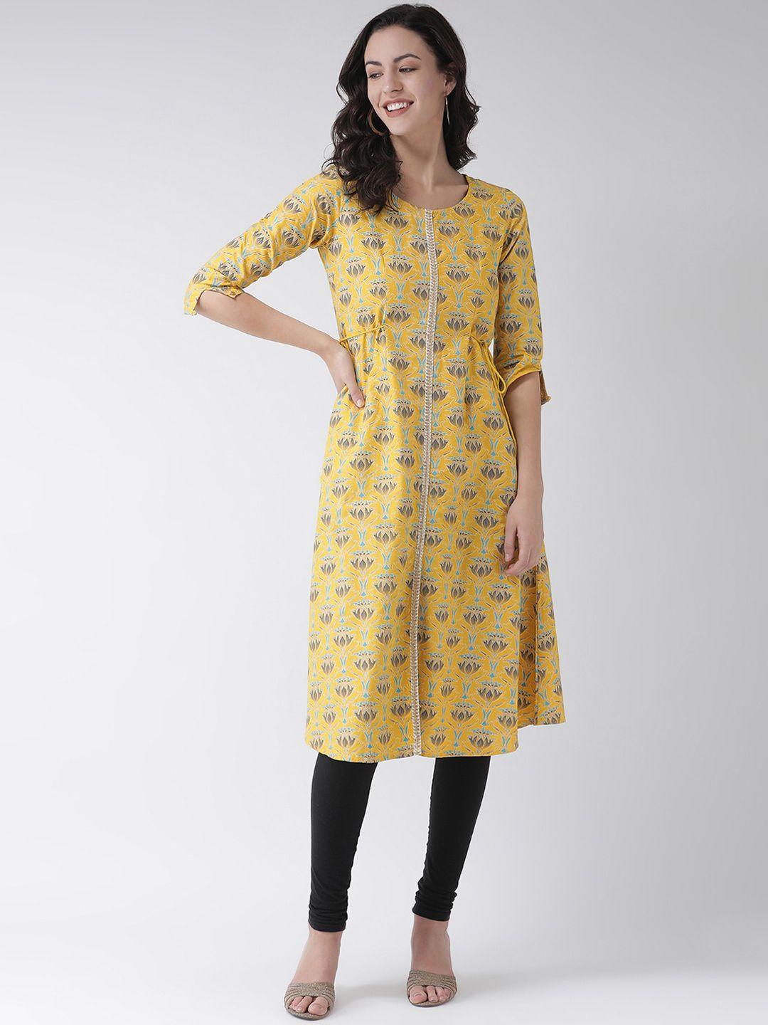 span women yellow printed straight kurta