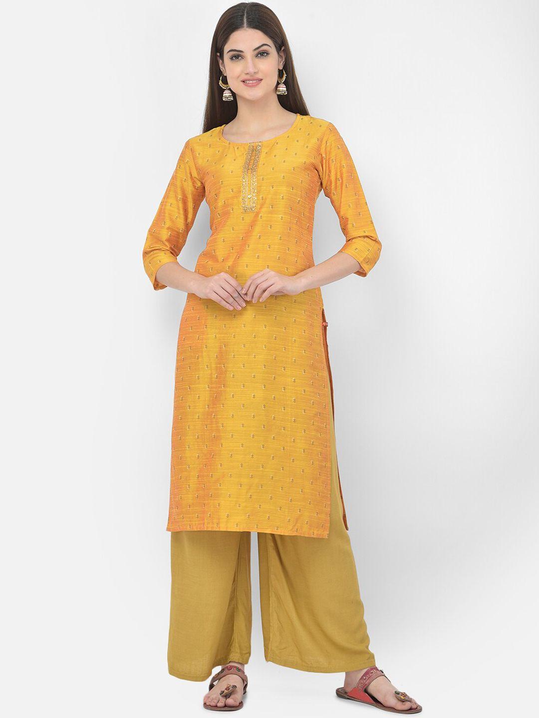 span women yellow thread work kurta