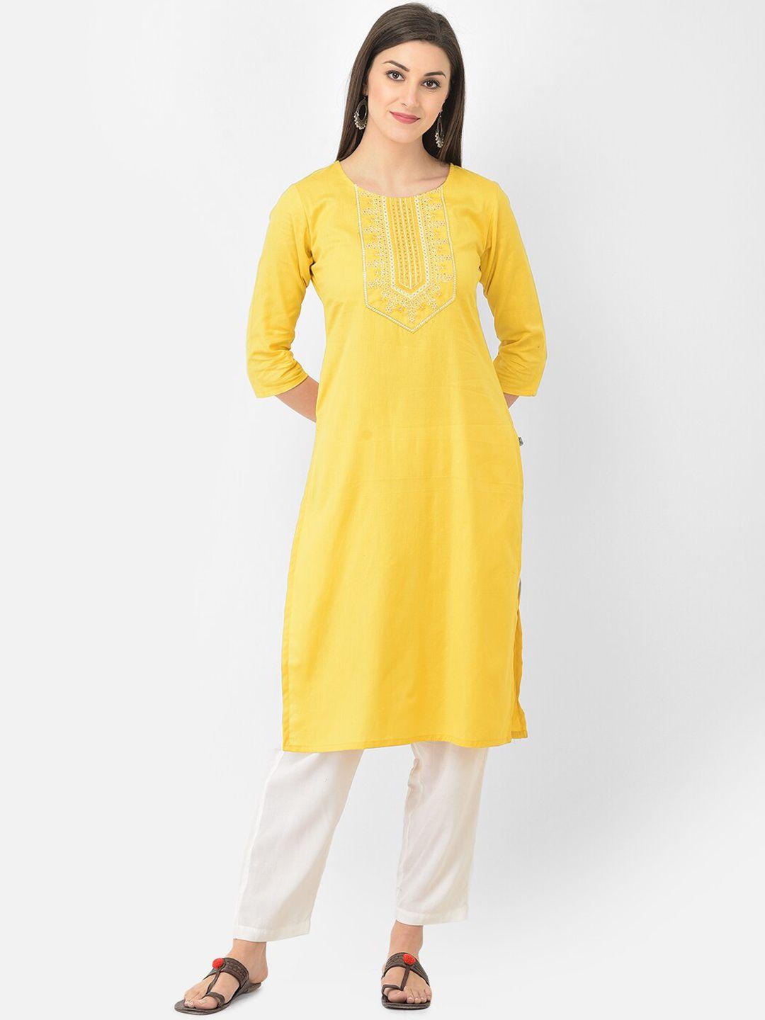 span women yellow yoke design embroidered thread work kurta