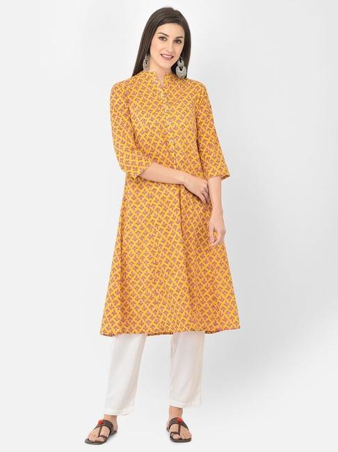 span yellow & pink cotton floral print a line kurta