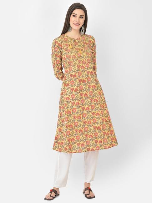 span yellow & red cotton floral print a line kurta