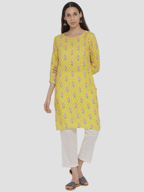 span yellow & white cotton embroidered kurta pant set