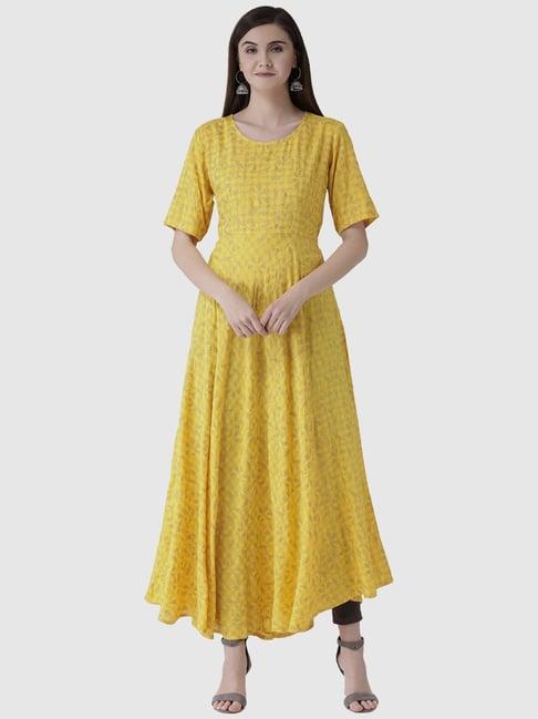 span yellow cotton floral print a line kurta