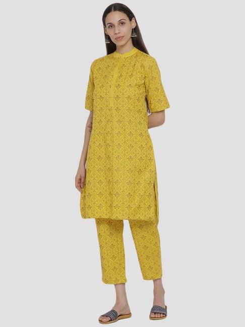 span yellow cotton printed kurta pant set