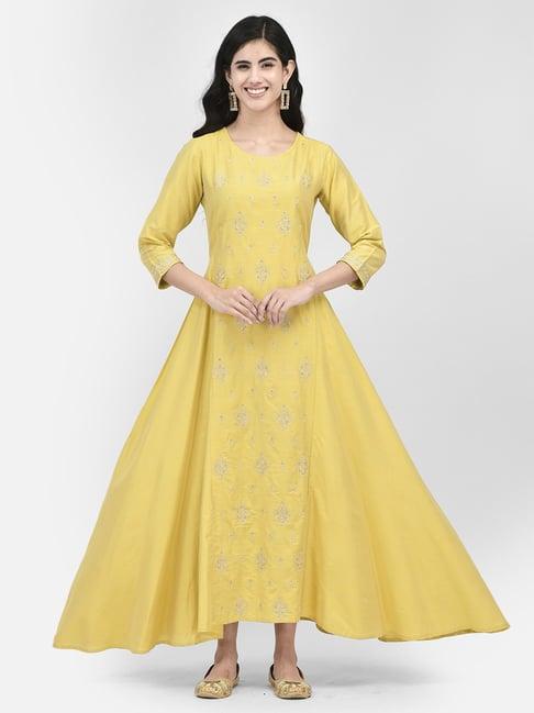 span yellow embellished fit and flare kurta