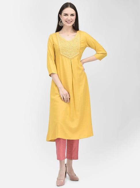 span yellow embroidered a line kurta