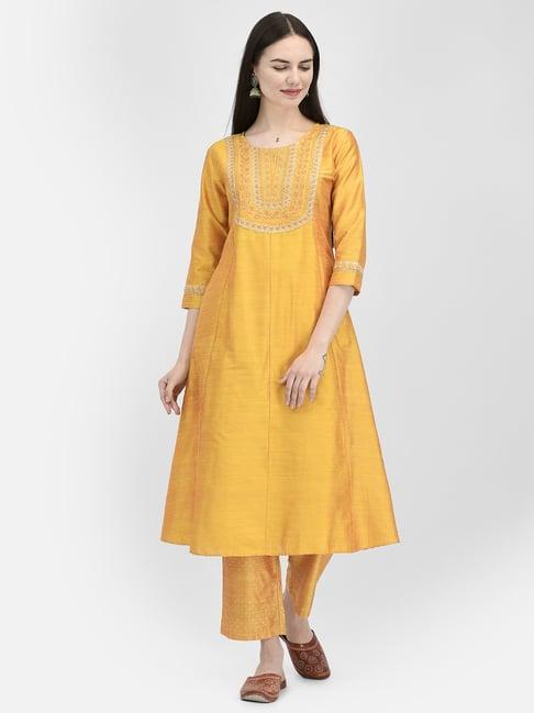 span yellow embroidered a line kurta