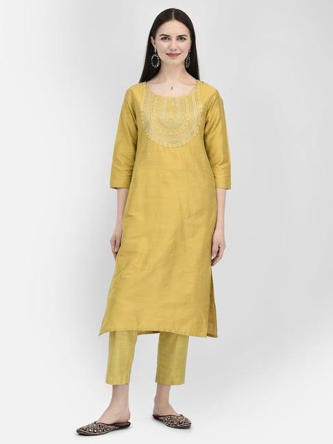 span yellow embroidered straight kurta