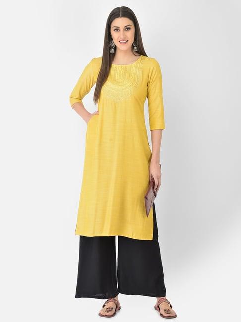 span yellow embroidered straight kurta