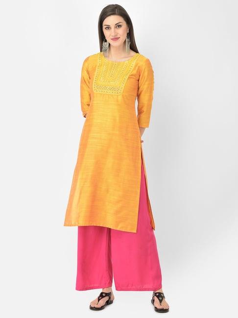 span yellow embroidered straight kurta