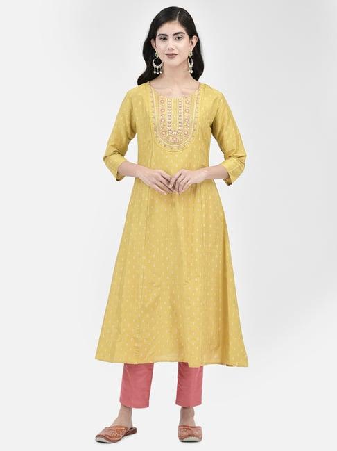 span yellow printed a line kurta