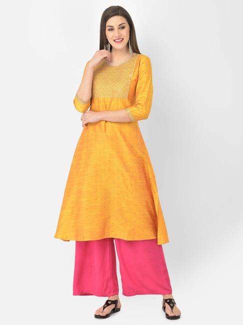 span yellow zari work a line kurta