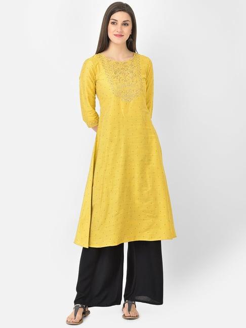 span yellow zari work a line kurta