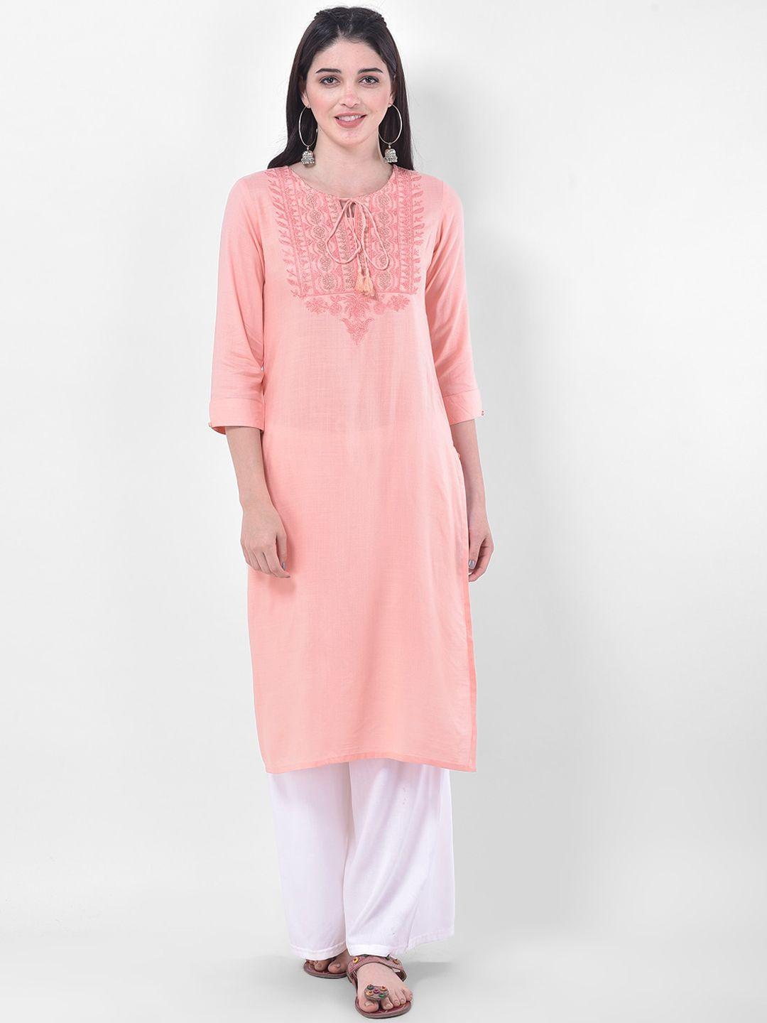 span yoke design tie-up neck thread work pure cotton kurta