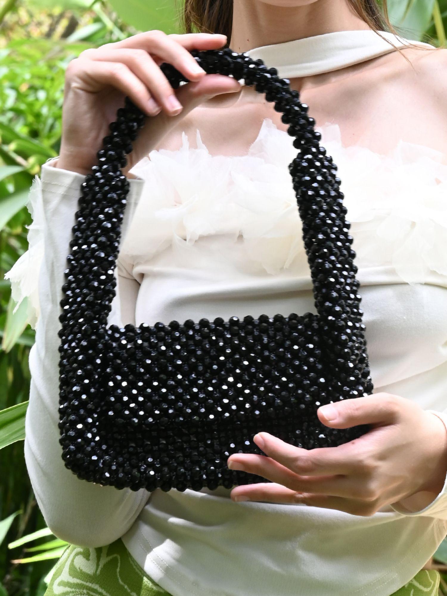 sparkling black woven beaded clutch bag