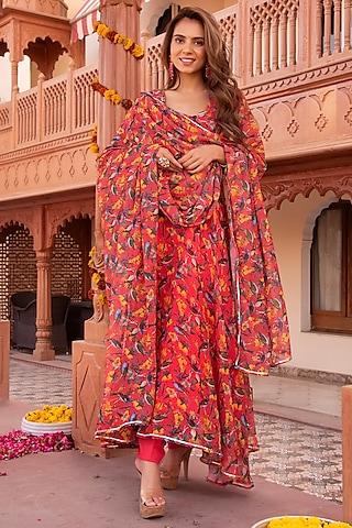 sparrow red chiffon printed anarkali set