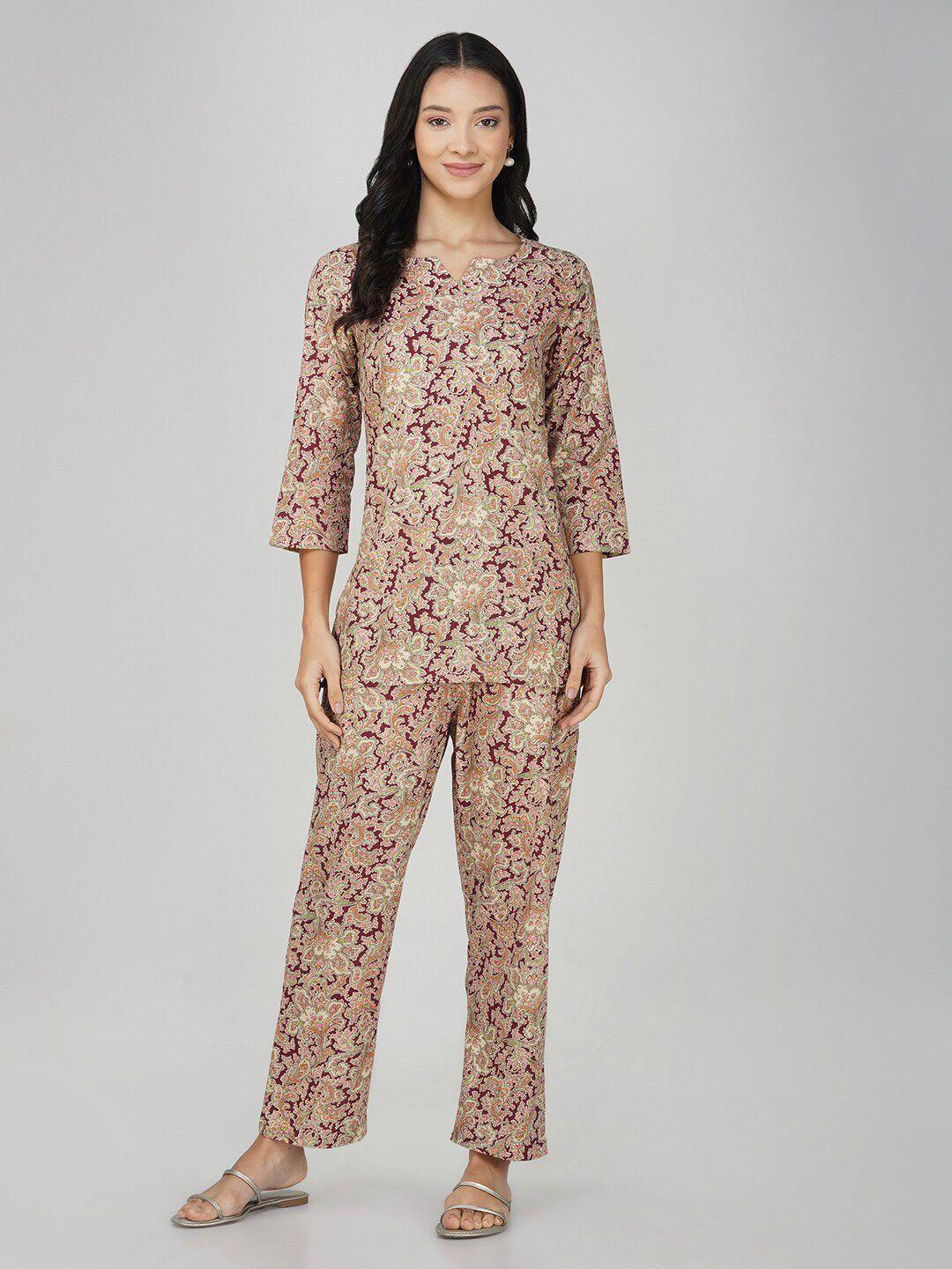 sparsa floral printed pure cotton notch neck top with trousers co-ords