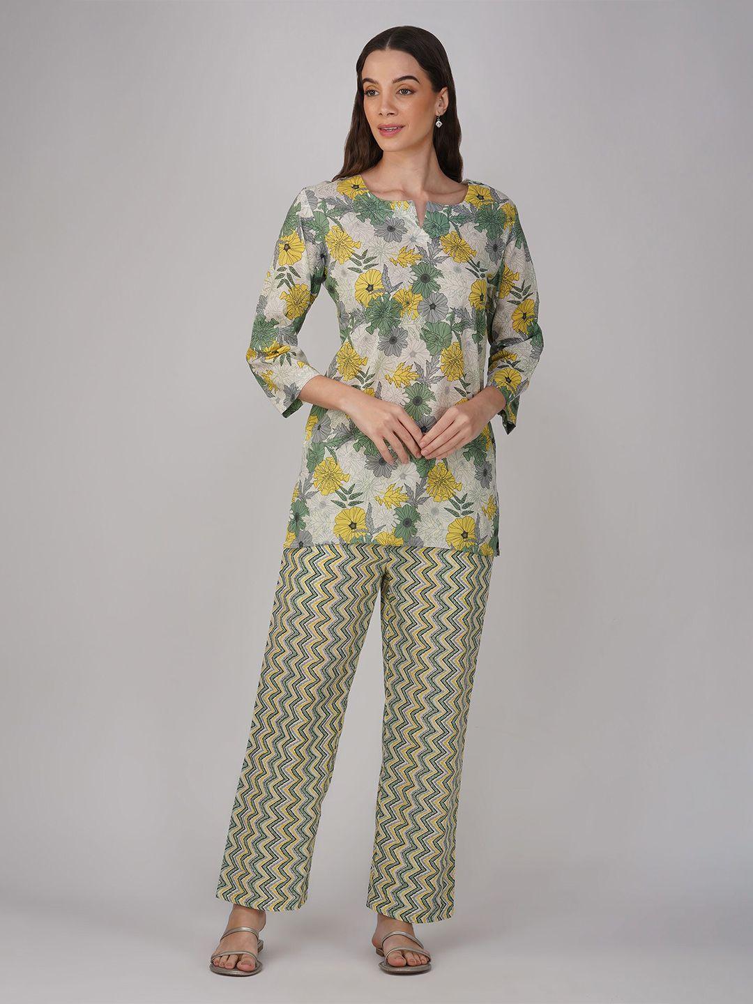 sparsa floral printed pure cotton top with trousers