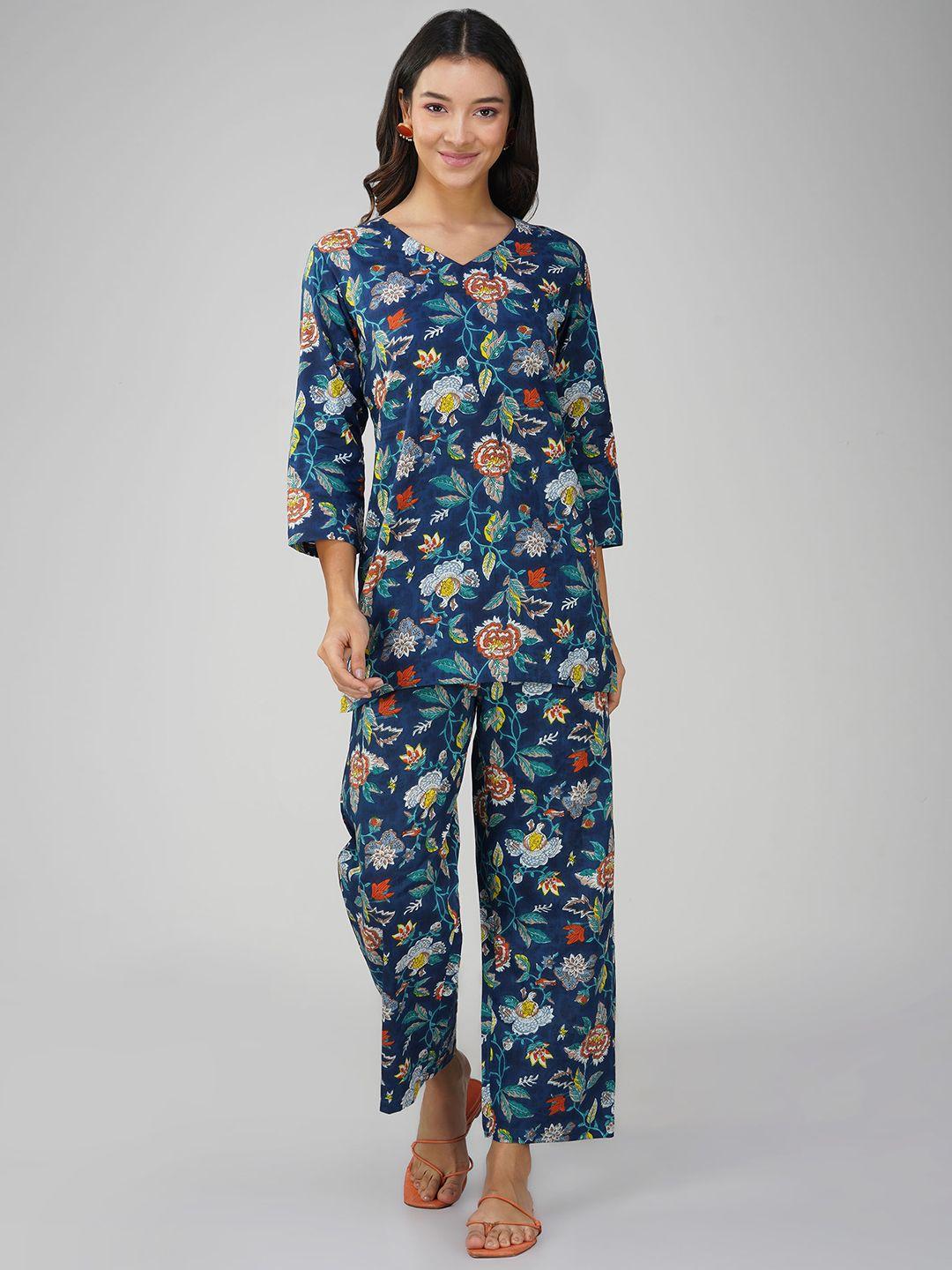 sparsa floral printed pure cotton v-neck top with trousers co-ords