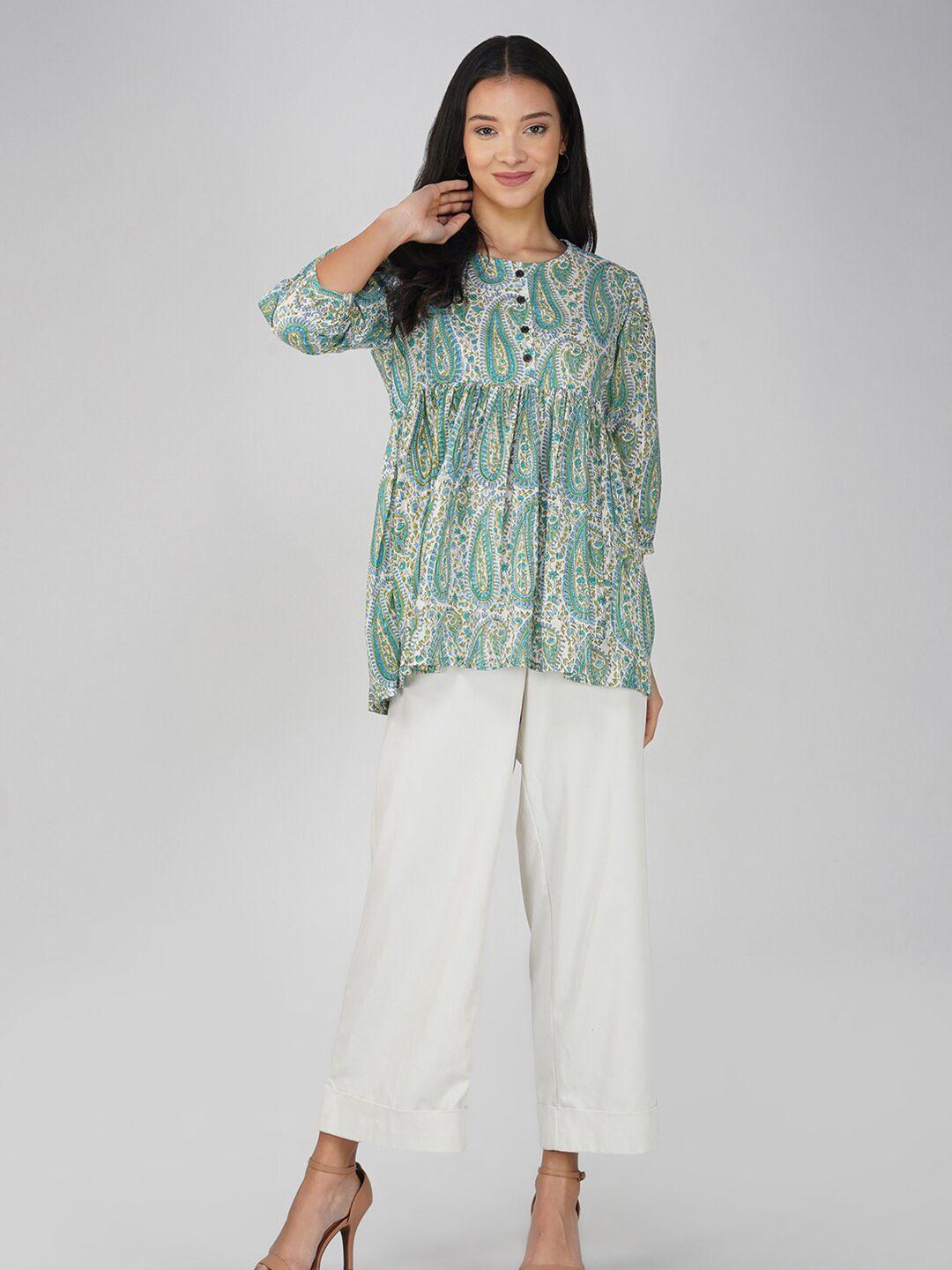 sparsa green print puff sleeve block print cotton top