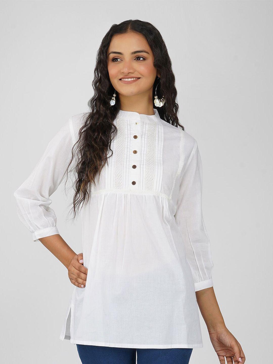 sparsa mandarin collar puff sleeve pleated pure cotton top