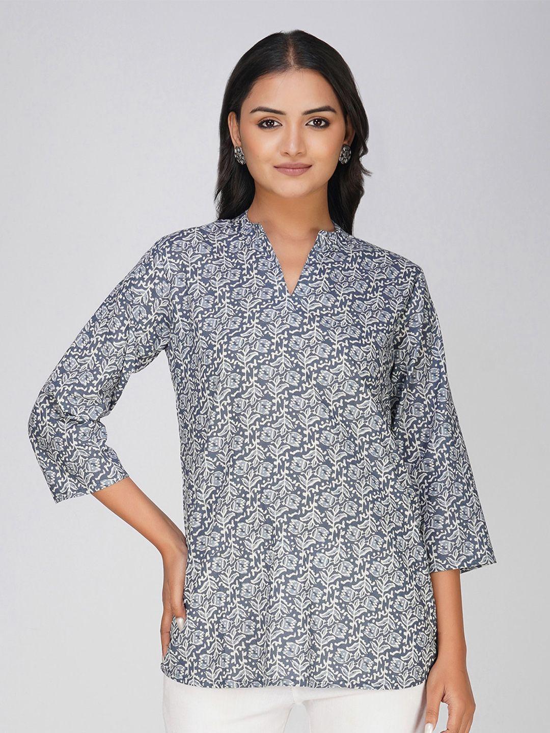 sparsa print mandarin collar cotton top