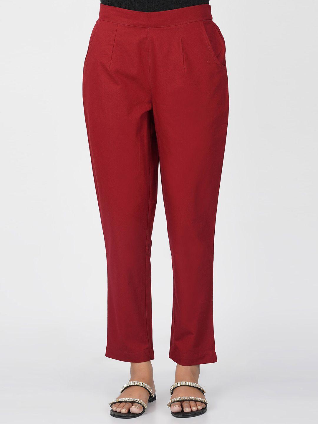 sparsa women maroon easy wash pleated trousers